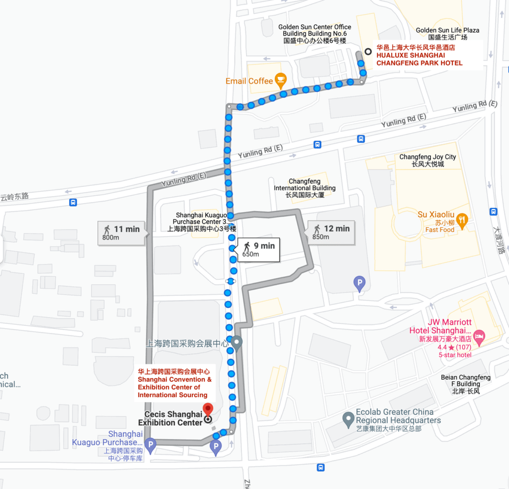 Walking direction from HUALUXE Shanghai Changfeng Park to the Convention Center